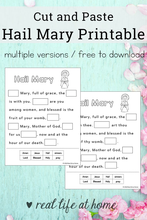 Free printable cut and paste Hail Mary prayer activity featuring two versions of the Hail Mary prayer, including the traditional and a modern Hail Mary. #CatholicPrintables #CatholicWorksheets