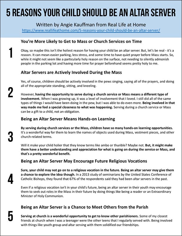 5 Reasons Your Child Should be an Altar Server Printable Handout