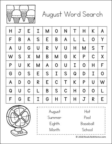 The more difficult version of the August word search printable from the free August word search printables set on Real Life at Home