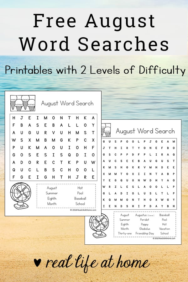 Free August Word Search Printable for Kids - There are two versions of this printable with different levels of difficulty. | Real Life at Home