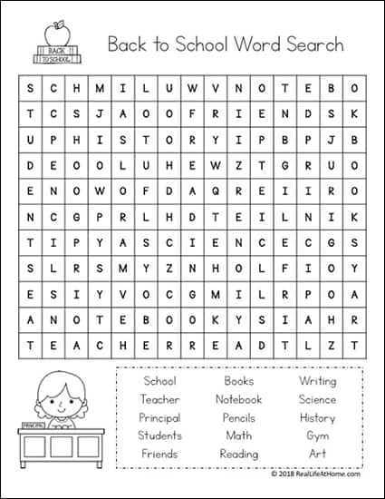 The more difficult version of the Back to School word search printable from the free Back to School word search printables set on Real Life at Home