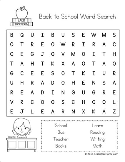 The easier version of the Back to School word search printable from the free Back to School word search printables set on Real Life at Home