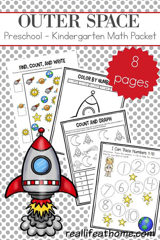Free Space Preschool and Kindergarten Math Worksheets working on counting, writing numbers, graphing, one-to-one correspondence, number words, and more