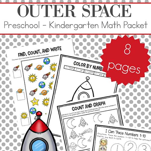 Free Outer Space Preschool and Kindergarten Math Worksheets Packet