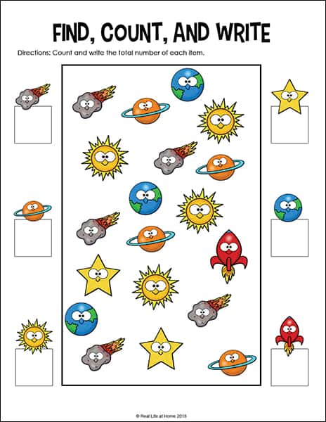 Outer Space I Spy Math page (Part of the Free Outer Space Math Worksheets Packet)