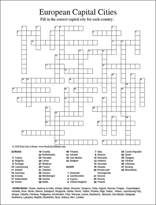 Free European Capitals Crossword puzzle with options for 45 countries in Europe or 35 countries in Europe. There is also a version of each with and without a word bank. The capitals of countries in Europe crossword puzzle can be used for practice, review, homework, or even as a European capitals quiz or test.