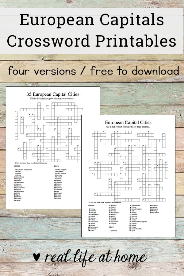 Free European Capitals Crossword puzzle with options for 45 countries in Europe or 35 countries in Europe. There is also a version of each with and without a word bank. The capitals of countries in Europe crossword puzzle can be used for practice, review, homework, or even as a European capitals quiz or test.