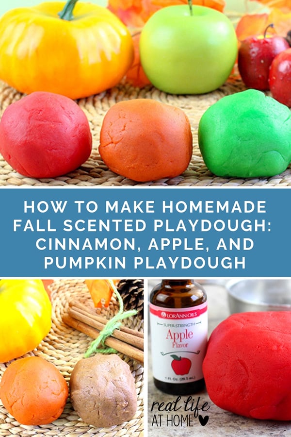 Directions for how to make fall-themed homemade scented playdough including recipes for pumpkin playdough, apple playdough, and cinnamon playdough. | Real Life at Home