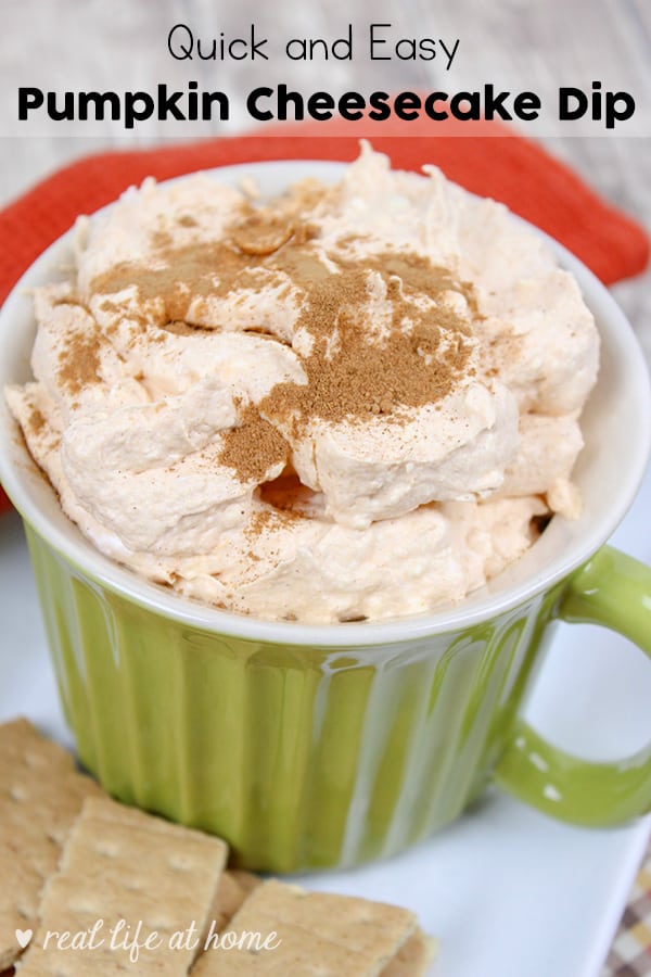 Pumpkin Cheesecake Dip Recipe - Perfect for fall and winter gatherings, the pumpkin fluff dip in this post is quick to throw together and will have your guests asking for the recipe. Included toward the end of this post, you'll also find a printable version of this Pumpkin Cheesecake Dip Recipe. | Real Life at Home