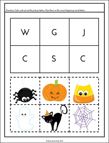 Halloween Beginning Sounds Activity Page from the free Halloween Literacy Packet on Real Life at Home