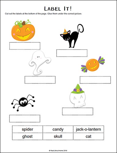Halloween Labeling Activity Page from the free Halloween Literacy Packet on Real Life at Home