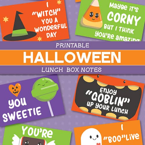 These funny Halloween jokes for kids are sure to add a giggle to lunch when used as Halloween lunchbox notes. They are also fabulous to use with a piece of candy attached for Halloween parties! They are available as a free download in this post. | Real Life at Home