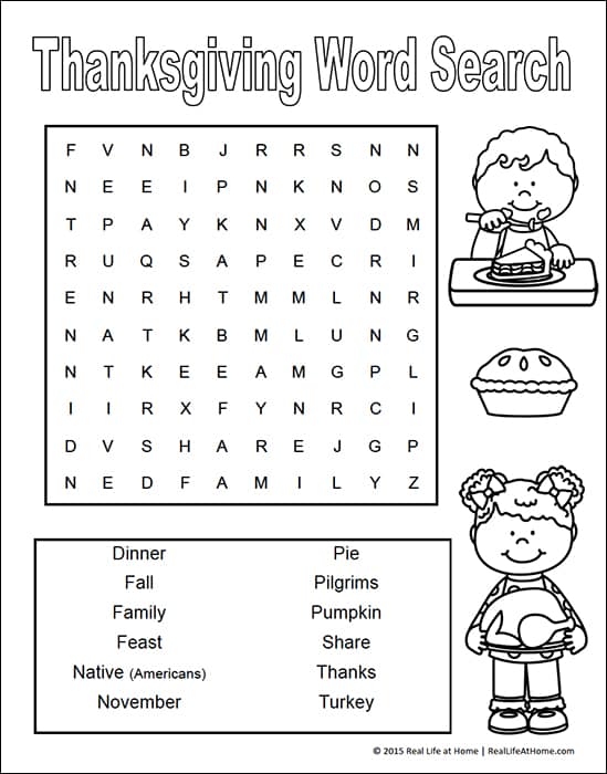 Thanksgiving Word Search Printable for Kids - can be found on Real Life at Home