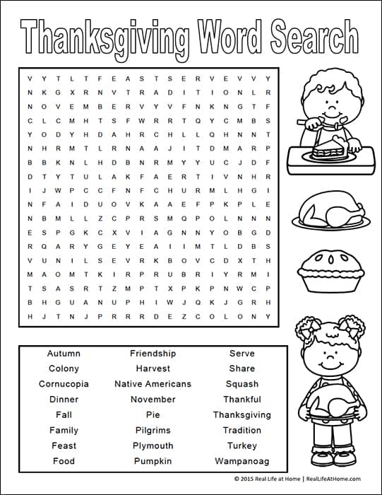 Thanksgiving Word Search Printable for Kids - can be found on Real Life at Home