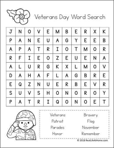 Free Veterans Day Word Search Printable (includes Remembrance Day Word Search Printable Option) from Real Life at Home