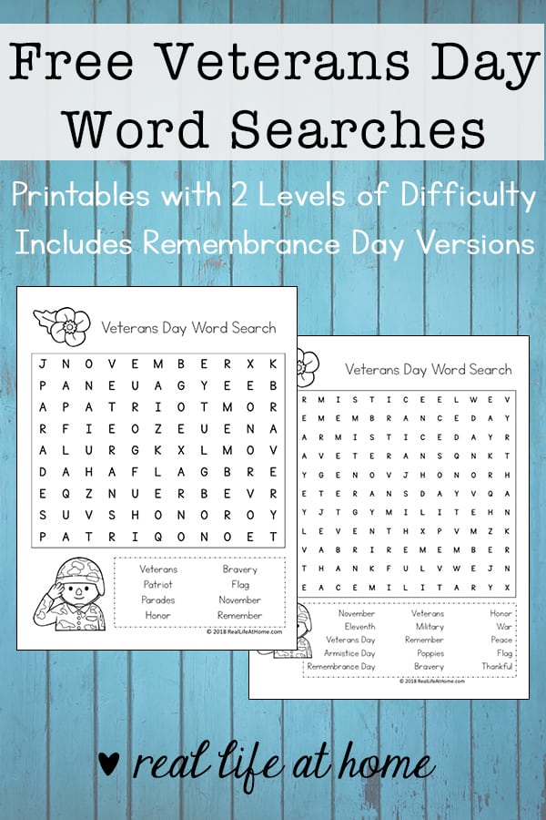 Free Veterans Day Word Search printables with multiple versions of difficulty. The post also includes Remembrance Day Word Search printable options.