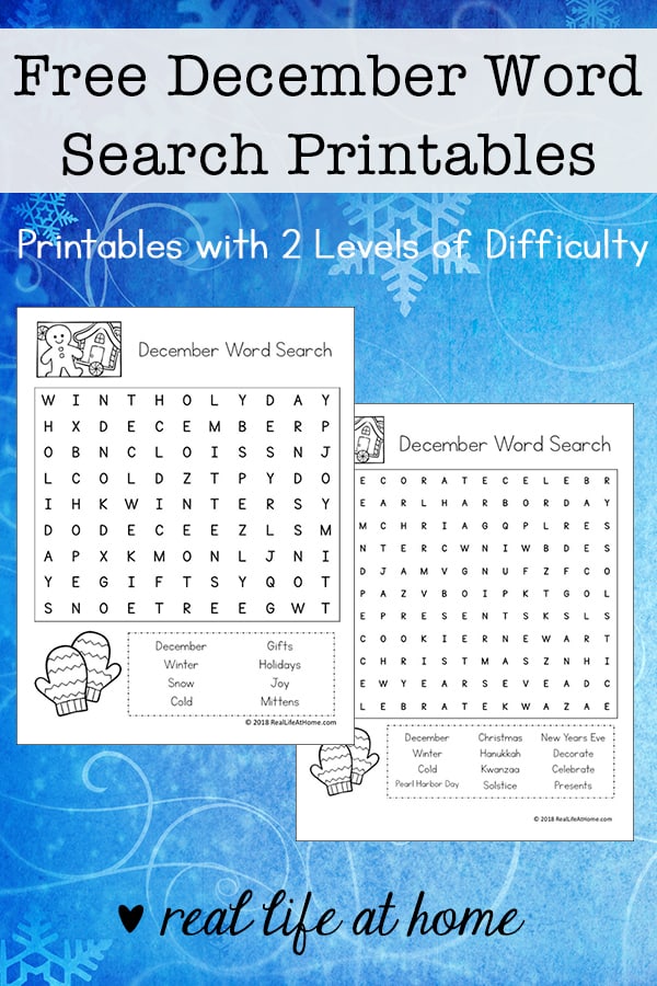 Free December Word Search Printable for Kids - There are two versions of this printable with two different levels of difficulty for each layout type. | Real Life at Home