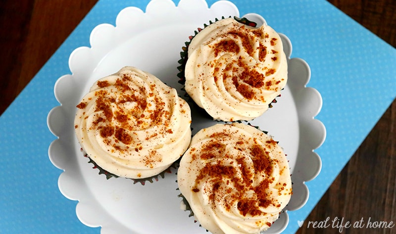 Lovely Homemade Cinnamon Cream Cheese Frosting on top of Gingerbread Cupcakes