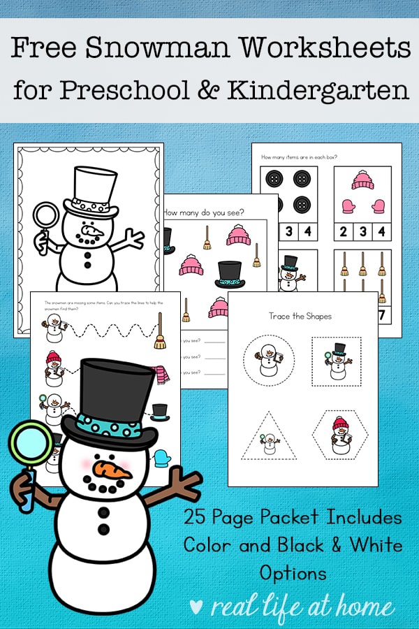 Free 25-page snowman worksheets printable packet for preschool and kindergarten students, featuring early math, writing, and language arts skills.