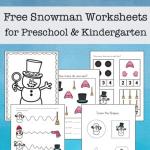Free 25-page snowman worksheets printable packet for preschool and kindergarten students, featuring early math, writing, and language arts skills.