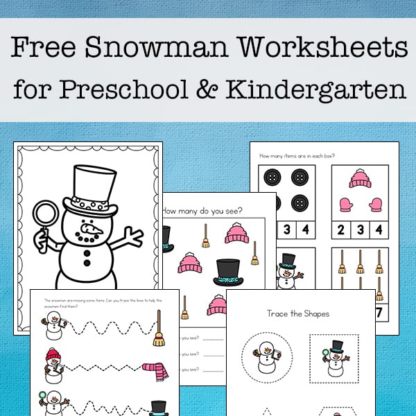 Free 25-page snowman worksheets printable packet for preschool and kindergarten students, featuring early math, writing, and language arts skills.