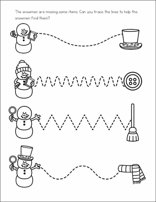 Snowman Line Tracing Page from Snowman Worksheets Learning Packet from Real Life at Home