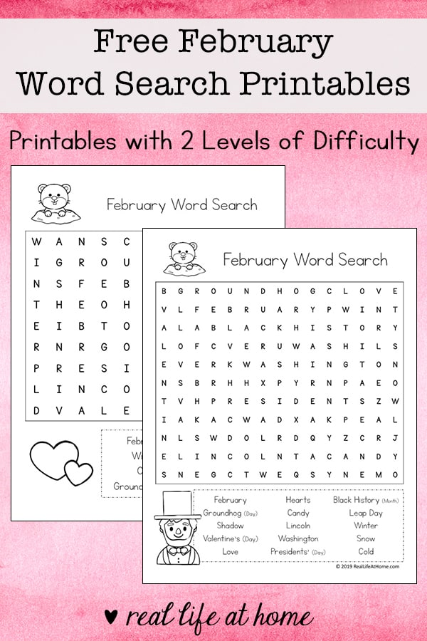 Free February Word Search Printable for Kids - There are two versions of this printable with two different levels of difficulty for each layout type. | Real Life at Home