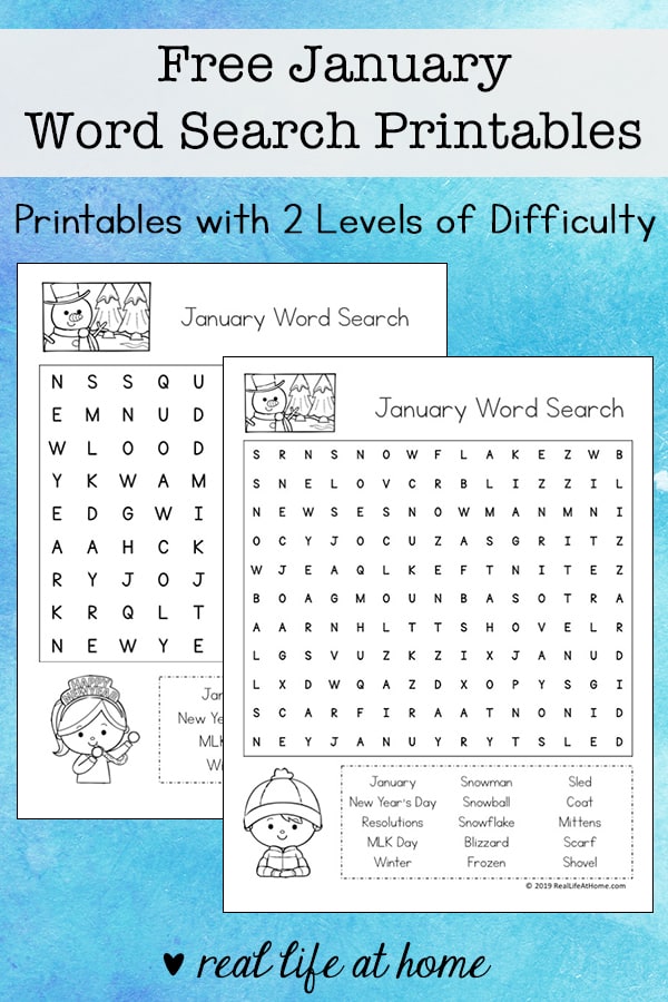 Free January Word Search Printable for Kids - There are two versions of this printable with two different levels of difficulty for each layout type. | Real Life at Home