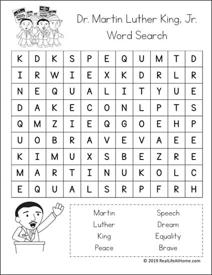 Martin Luther King Jr. Word Search Printable (Easier Version) from Real Life at Home