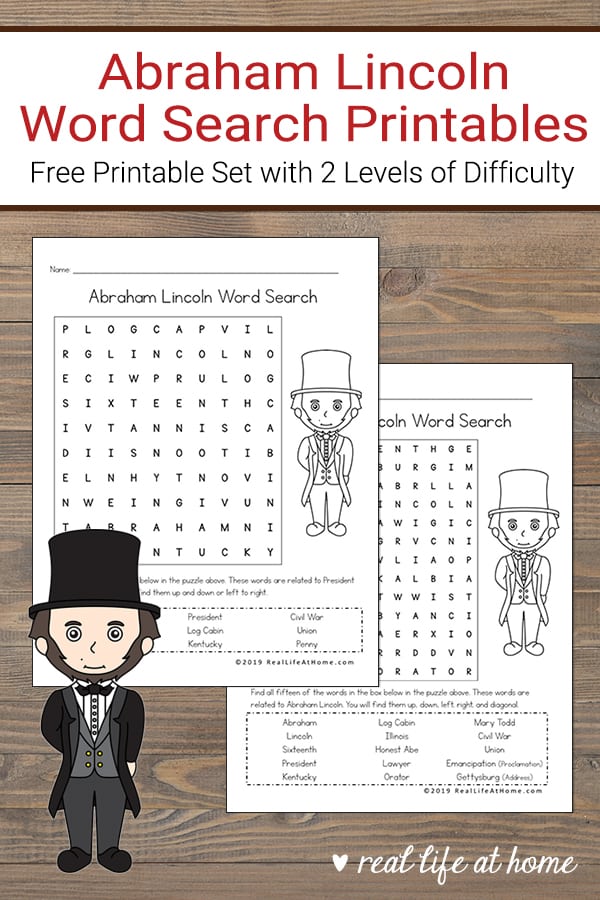 Free Printable Abraham Lincoln Word Search Set for Kids from Real Life at Home