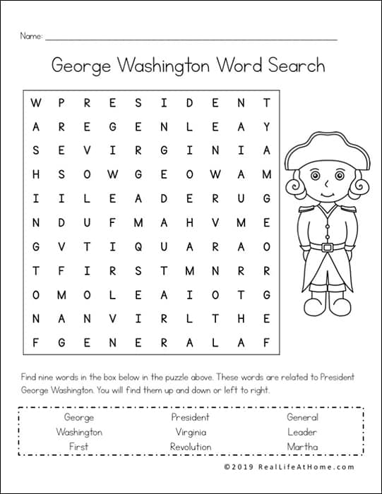 George Washington Word Search Printable - Available Free at Real Life at Home