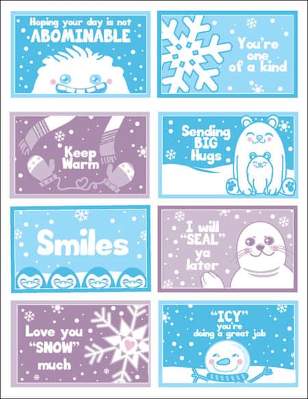 Winter Lunchbox Notes for Kids (8 Free Printable Cards)