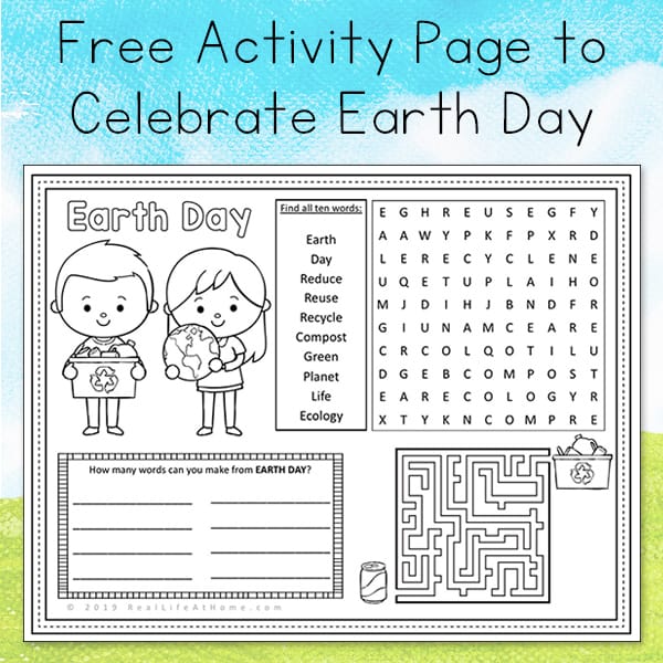 A free printable Earth Day activity page for kids featuring an Earth Day themed coloring area, word search, word game, and maze. | Real Life At Home