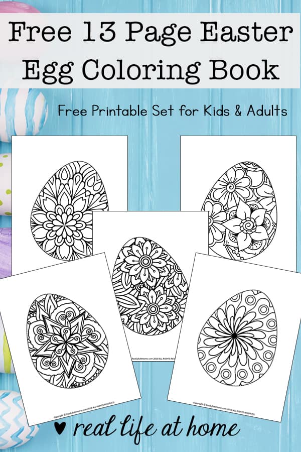 Looking for more intricate Easter Egg coloring pages? Enjoy this free printable coloring book filled with 13 Easter egg coloring pages for kids and adults.