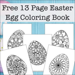 Looking for more intricate Easter Egg coloring pages? Enjoy this free printable coloring book filled with 13 Easter egg coloring pages for kids and adults.