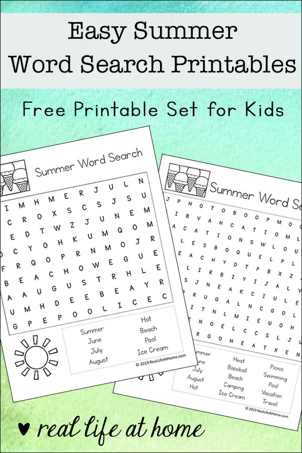 Free Easy Summer Word Search Printables for Kids - There are two versions of this printable with different levels of difficulty including an eight search terms version and a fifteen search terms version. | Real Life at Home