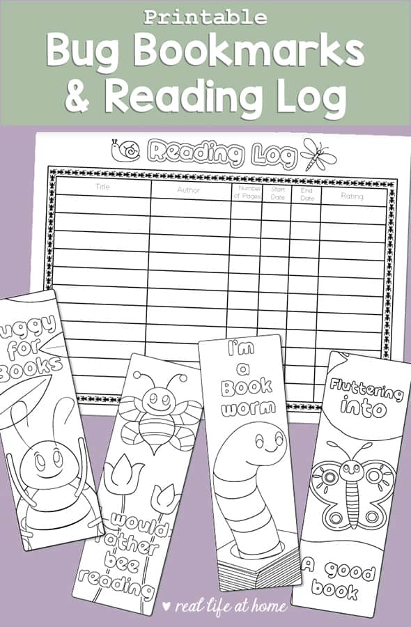 Free printable insect-themed reading log and a set of four bookmarks to color (three bug bookmarks and one worm bookmark) for kids.