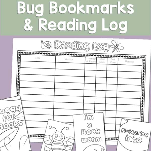 Free printable insect-themed reading log and a set of four bookmarks to color (three bug bookmarks and one worm bookmark) for kids.