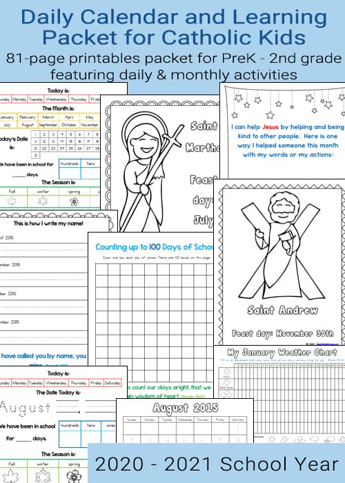 Graphic showing Daily Calendar and Learning Packet for Catholic Kids