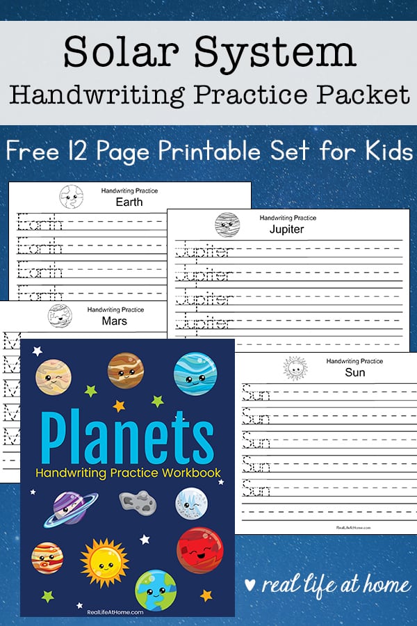 Your child or students can work on solar system handwriting practice with this free set with 12 pages about the solar system, planets, and space.