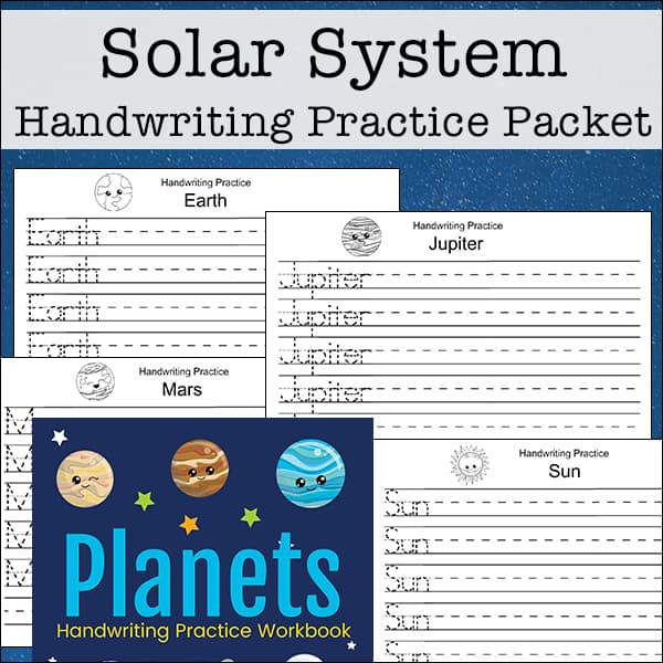 Your child or students can work on solar system handwriting practice with this free set with 12 pages about the solar system, planets, and space.