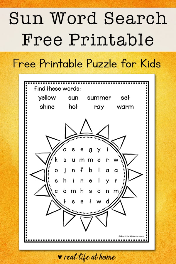 This easy summer sun word search printable is perfect for elementary-aged kids to solve and color. It features eight words about the sun. | Real Life at Home