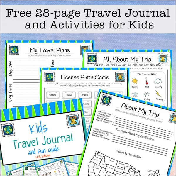 Looking for fun activities, travel games, and journaling pages for traveling with kids? This free 28-page travel journal for kids will be a great addition to your next trip! | Real Life at Home