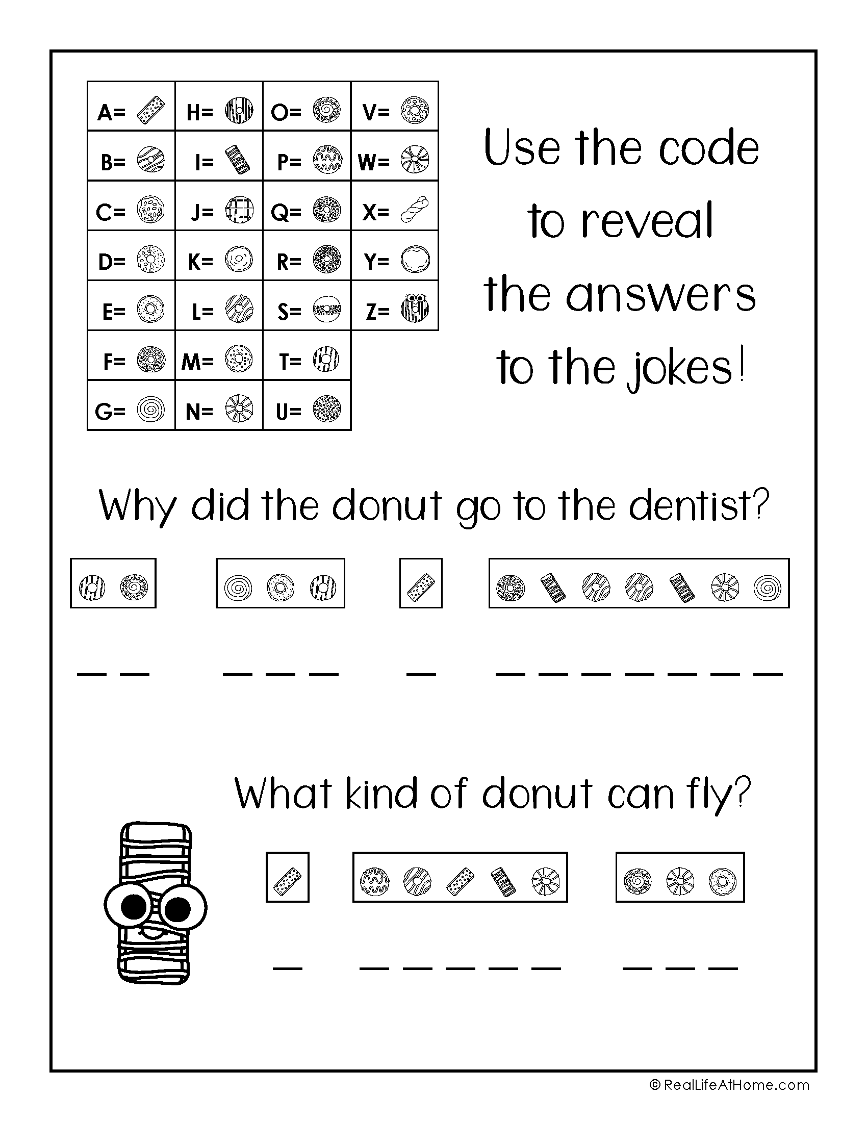 Coded Donut Jokes Printable - Crack the Code Sheet