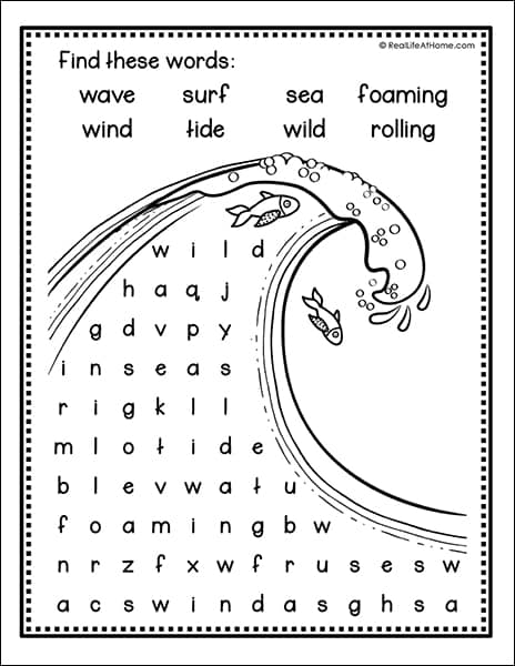 Free Ocean Wave Word Search Printable Available from RealLifeAtHome.com