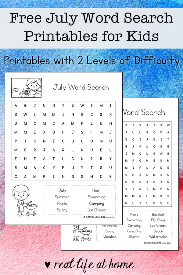 Free July Word Search Printable for Kids - includes July search terms. There are two versions of this printable with different levels of difficulty.
