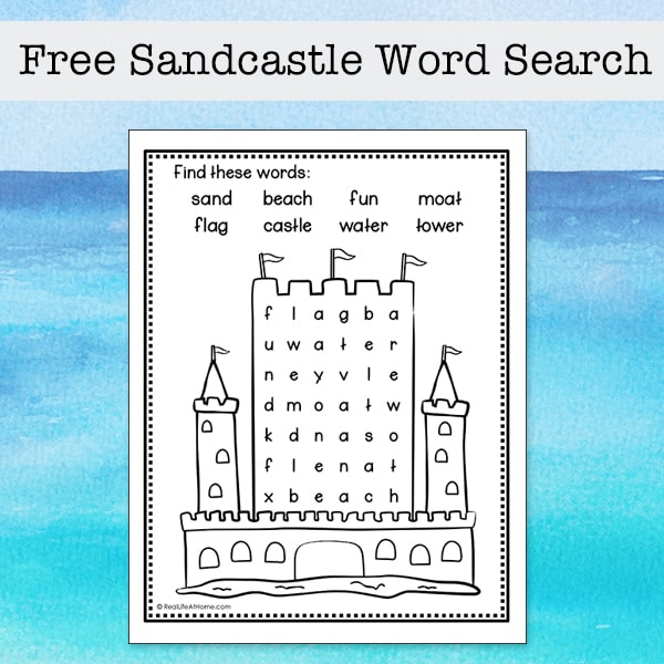 This easy sandcastle word search printable is a fun summer activity for elementary-aged kids to solve and color. It features eight words about sandcastles