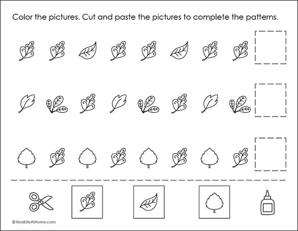 Fall Math Patterns Worksheet (part of the free packet from Real Life at Home)