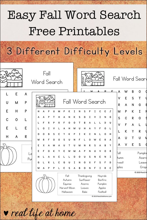 Free Easy Fall Word Search Printables for Kids - includes fall words and phrases in three versions with different levels of difficulty (6 words, 8 words, and 15 words)