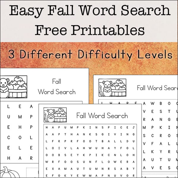 Easy Fall Word Search Printables Set (with Three Levels of Difficulty)